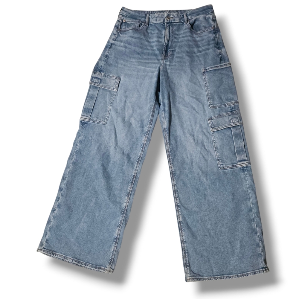 American Eagle Curvy Super High Rise Baggy Wide Leg Women's Blue Cargo Jeans 14